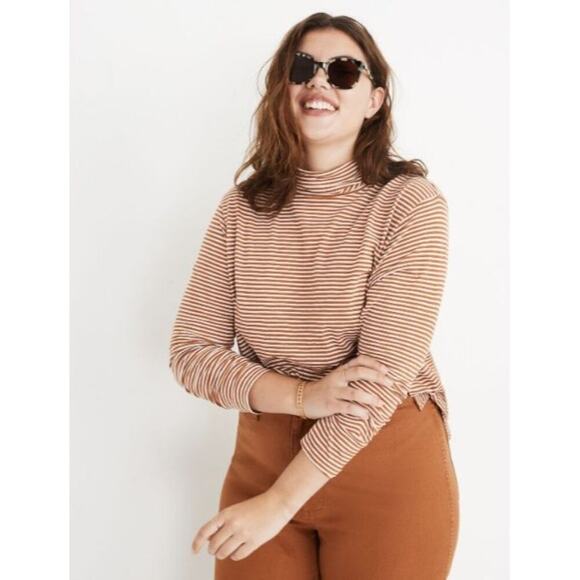 Madewell Whisper Cotton Turtleneck in Daniela Stripe, Brown, XXL - Picture 1 of 10
